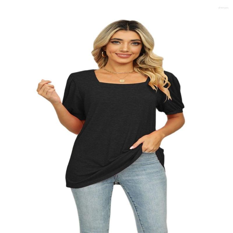 

Women's T Shirts Summer 2023 European-USA Style Elegant Women Square Collar Pure Color Crease Puff Sleeve Loose T-Shirt, Dark green