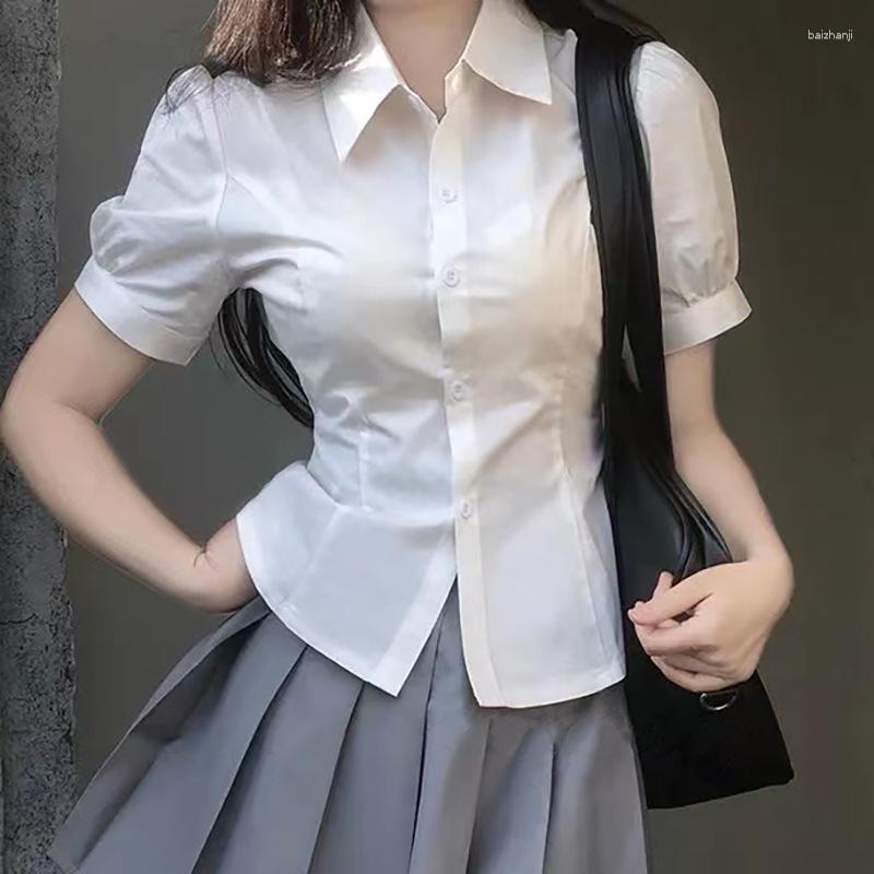 

Women' Blouses Puff Sleeve Slim Sexy Girl JK Uniform Waist Strap Shirt Summer Women Short White