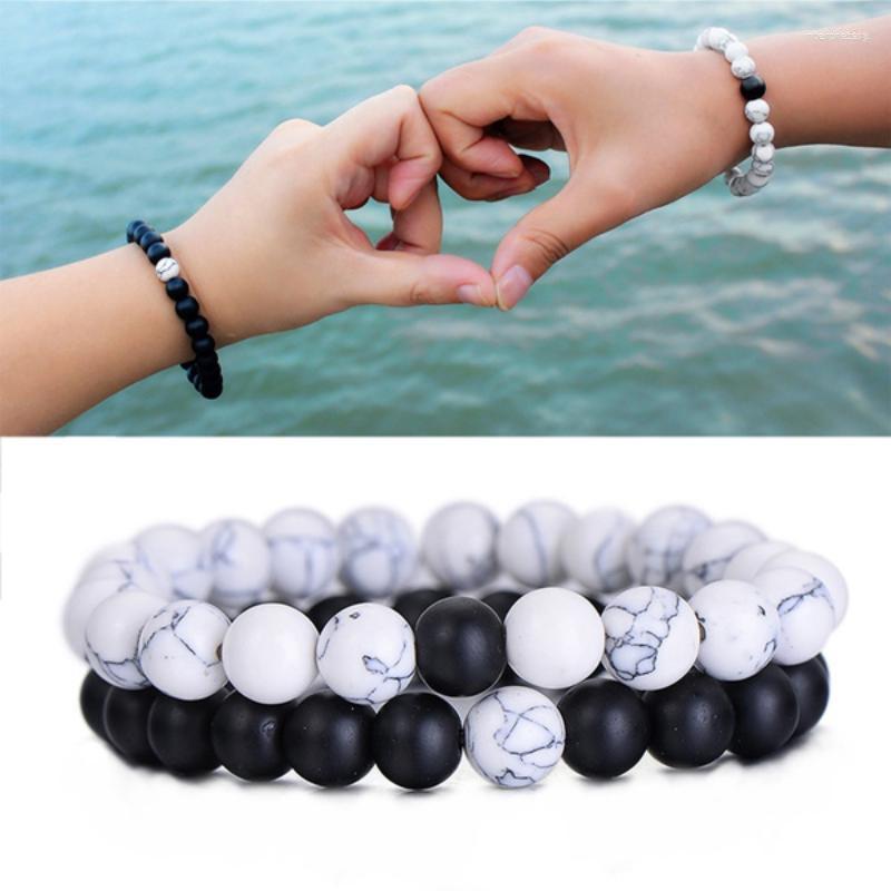 

Strand 2pcs Bracelet Couples Distance Black White Natural Lava Stone Tiger Eye Yoga Bracelets For Men Women Elastic Rope Beaded Jewelry