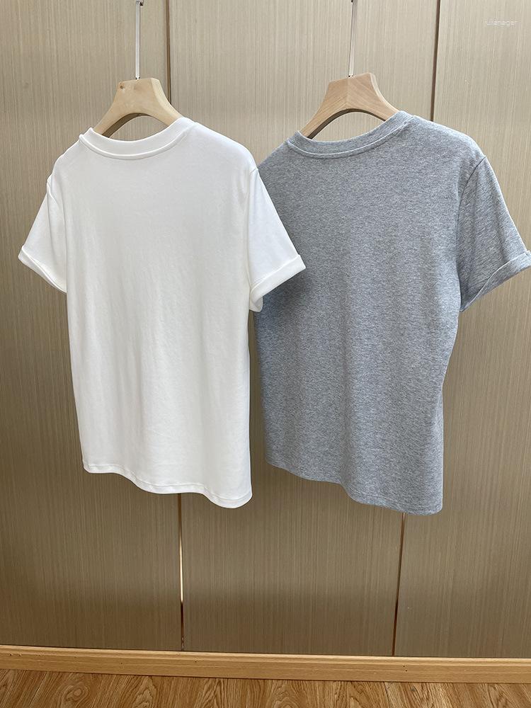 

Women' T Shirts Women Round Neck Pocket Bead Chain Decoration Pure Cotton Elastic Short-sleeved T-shirt 2023 Summer, Gray