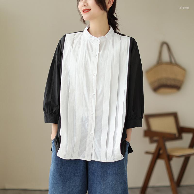 

Women's Blouses Contrast Color Black White Shirts Japnese Style Fashion Ruched Cotton Clothes Half Sleeved Casual Pleated Woman Tops, Coffee