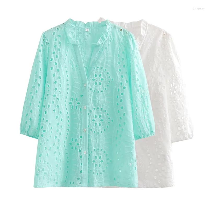 

Women's Blouses Woman Casual Mint Green V Neck Straight Shirt 2023 Spring Female Elegant Cotton Embroidery Shirts Chic Soid Hollow Out
