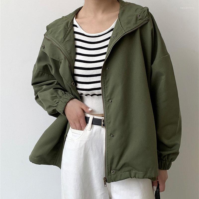 

Women's Jackets 2023 Spring Summer Oversize Loose Short Jacket Women Safari Style Hooded Windbreaker Coat Woman Solid Casual Tops Cotton, Army green