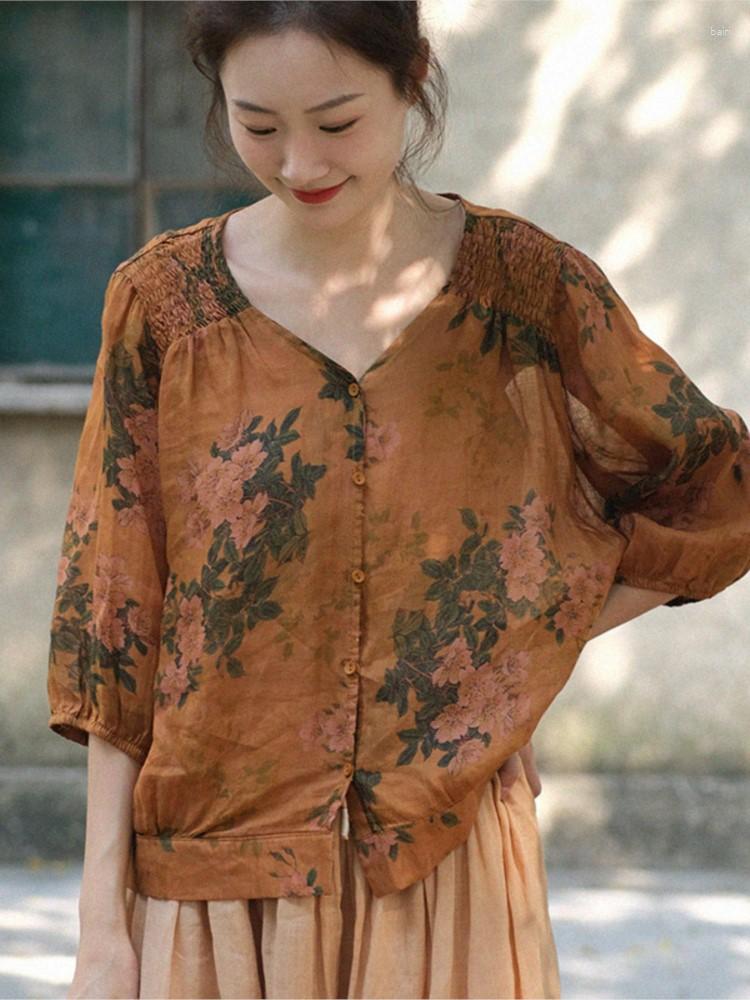 

Women's Blouses Women Ramie Shirt 2023 Spring Summer Loose Casual Print Sunscreen Tops Ladies O-Neck Button Pleated All-match Blouse, Figure 1