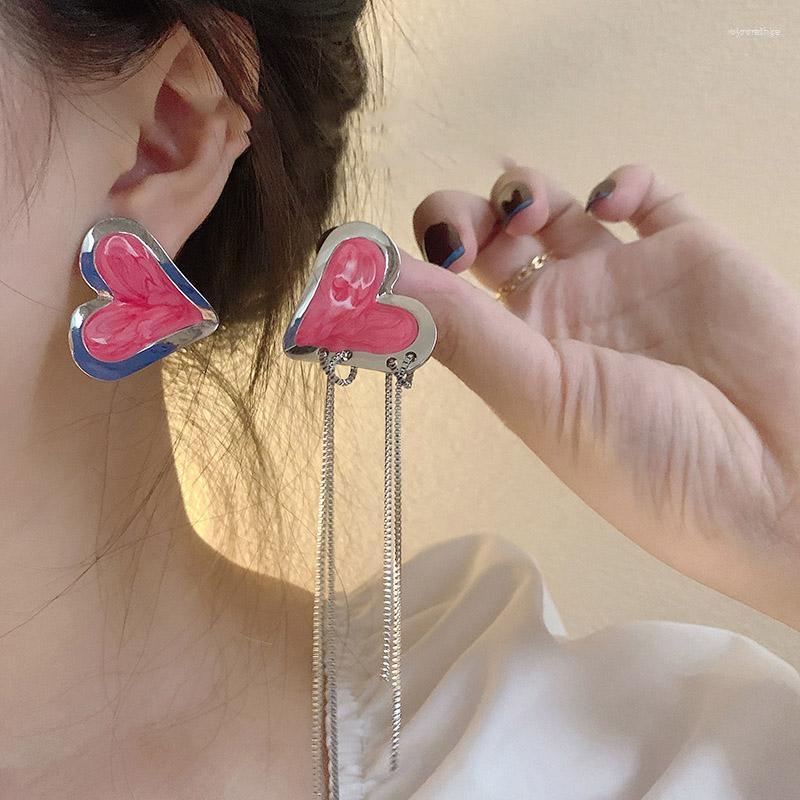 

Stud Earrings Pink Drop Glaze Smudged Asymmetric Tassel Love Female Ins Style Design