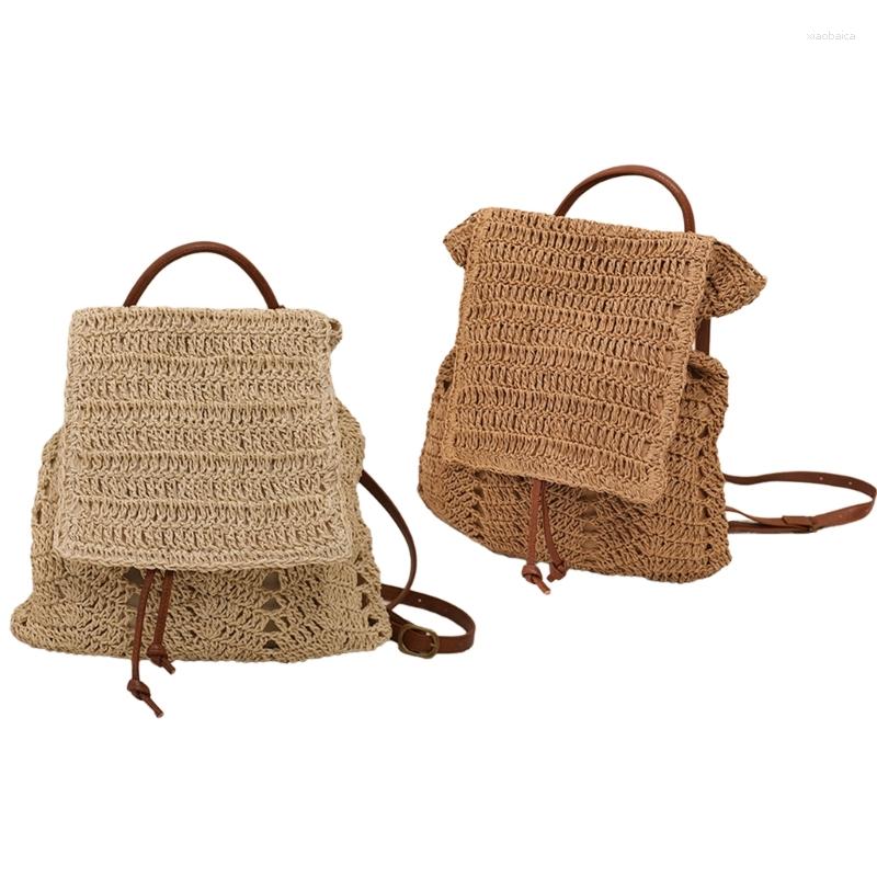 

School Bags Straw Backpack For Women Bohemian Beach Purse Casual Holiday Daypack With Drawstring Closure, Beige