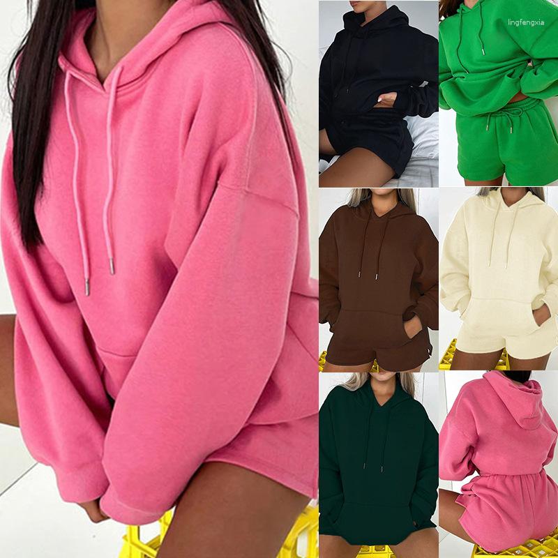 

Women' Tracksuits 2023 Autumn Winter Women Clothing Solid Color Pocket Velvet Padded Hooded Sweatshirt Shorts Pants Fashion Casual Set, Apricot