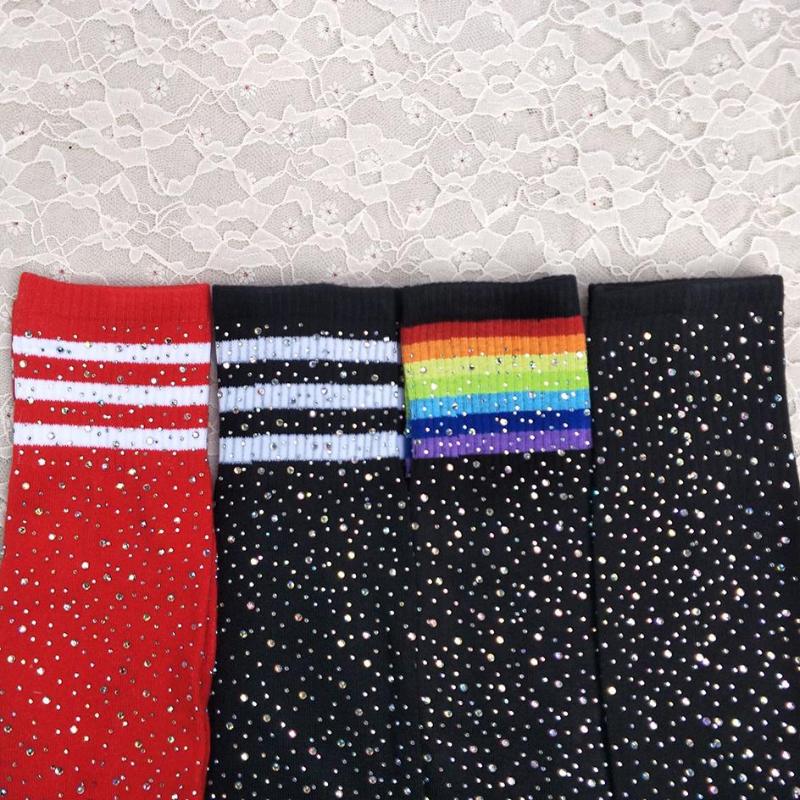 

Women Socks Sexy Glitter Rhinestone Stockings Rainbow Striped Bling Christmas Knee Harajuku Fashion Shiny Long, Black