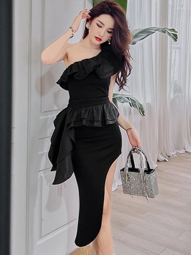 

Work Dresses Summer 2 Piece Sets Women' Outifits Black Chic Sexy Trendy Asymmetrical Single Shoulder Ruffles Backless Tops Midi Skirt