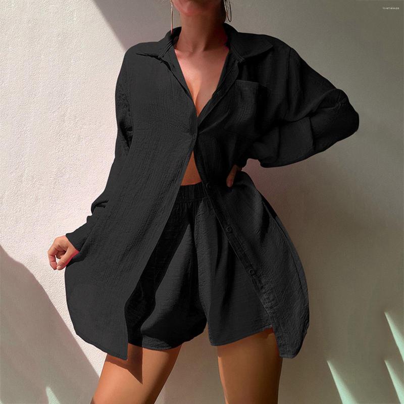 

Women' Tracksuits Womens Beach Holiday Linen Shirt Suit Sexy Loose Sun Fashion Casual Swimsuit Cover Up Two Piece Set Summer Outfits, Black