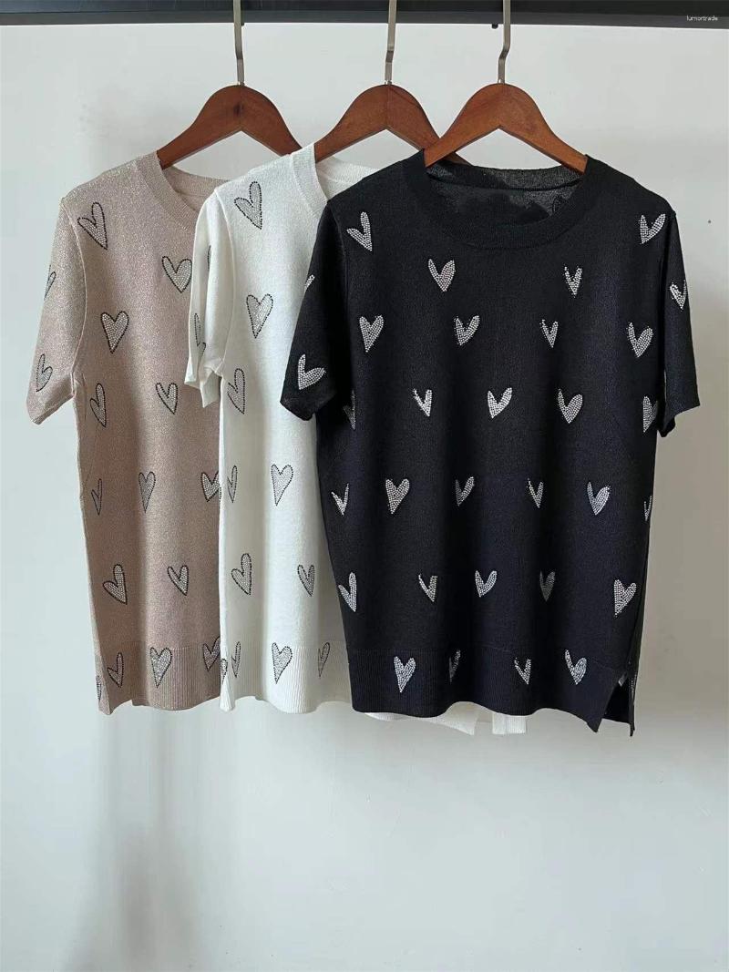 

Women' T Shirts Women T-shirt Knitwear Heart-Shaped Rhinestones O-neck Short Sleeve Breathable Tees Linen Casual, Black