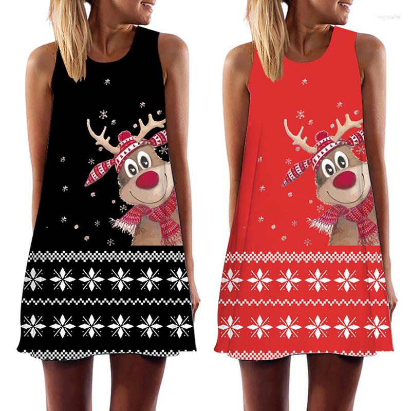 

Casual Dresses Christmas Women' Funny Cartoon Elk Printed Sleeveless Tunic Tank Mini Dress Year Holiday Party Streetwewar Clothing
