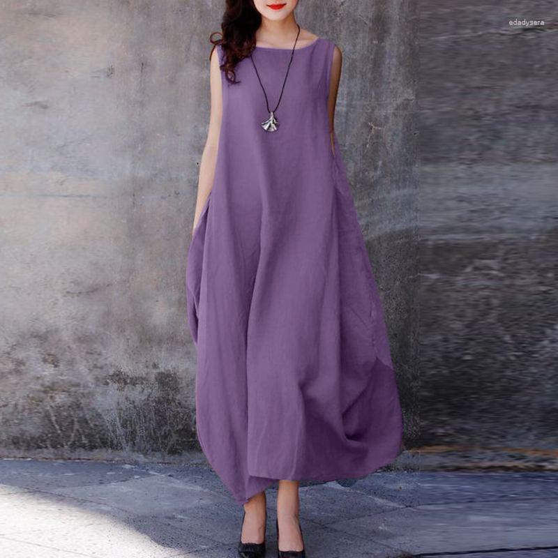 

Casual Dresses Cotton Linen Loose Swing Solid Color Round Neck Pocket Dress Women' 2023 Summer Long Oversize Sexy O-Neck