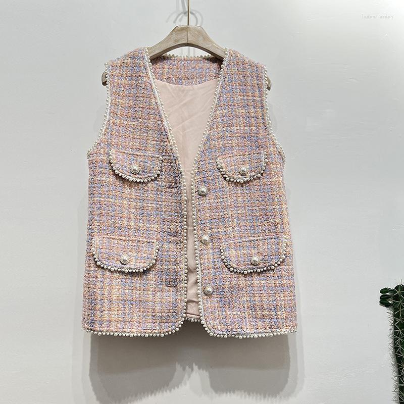 

Women's Vests French Pearl Tweed Sleeveless Women's Fashionable Waistcoat Autumn Winter 2023 Female V-Neck Wool Vest, Lavender