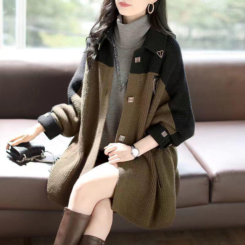 

Women's Knits Woman Knitted Thin Patchwork Sweater Cardigan Female Loose V-neck Coat Ladies Single Breasted Jumper Tops G540, Gray