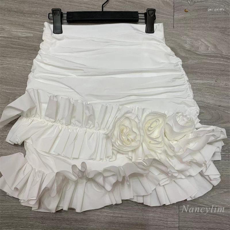 

Skirts 2023 Summer High Waist Asymmetric Ruffled Three-Dimensional Flower Pleated Hip Skirt Women' Chic Irregular White, Black
