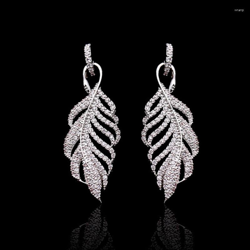 

Dangle Earrings Fashion White Feather For Women Korea Luxury Jewelry Micro Pave Cubic Zirconia Leaf Design Long Earring