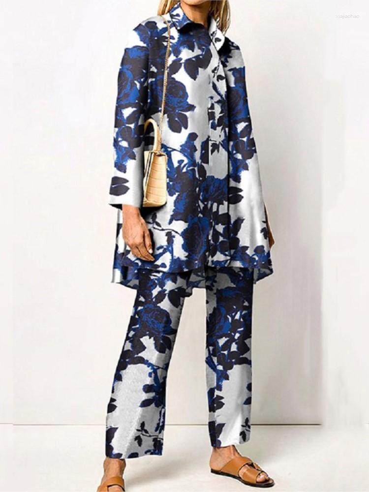 

Women' Two Piece Pants Women Vintage Abstract Print Blouse Outfit Casual Loose Lapel Button Shirt 2 Set 2023 Summer Fashion Straight Suit, Blue strip