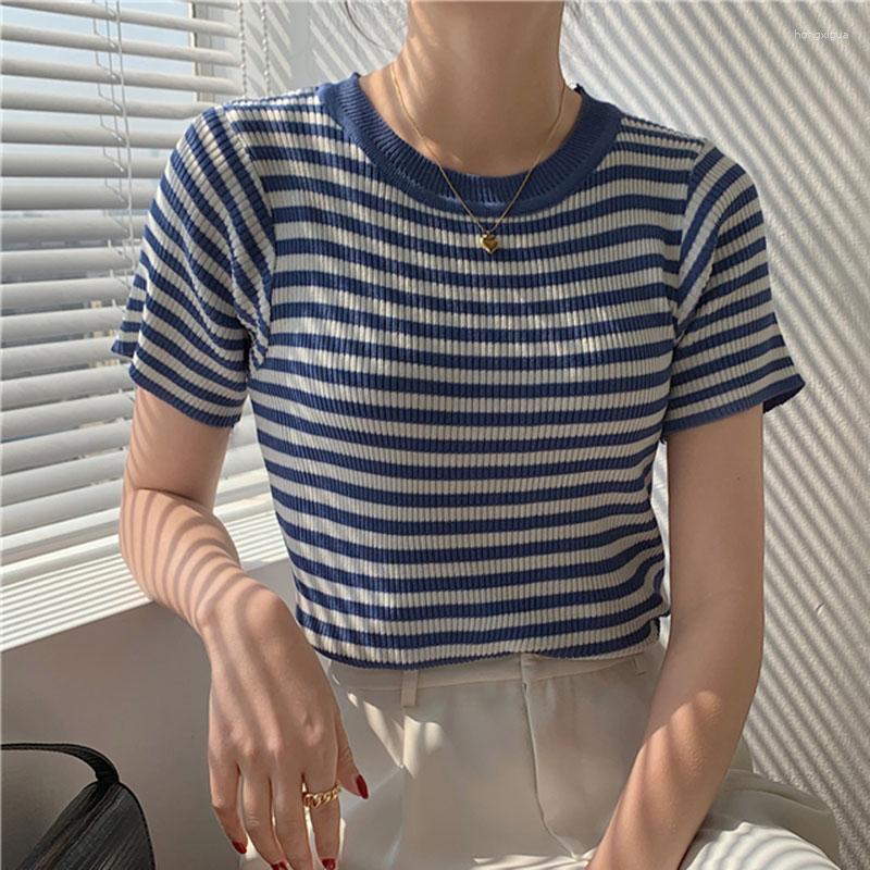 

Women's T Shirts 2023 Summer Knitted Crop Top Casual Womens Clothing Striped Shirt For Women Short Sleeve O Neck Slim Tshirts Female, Blue