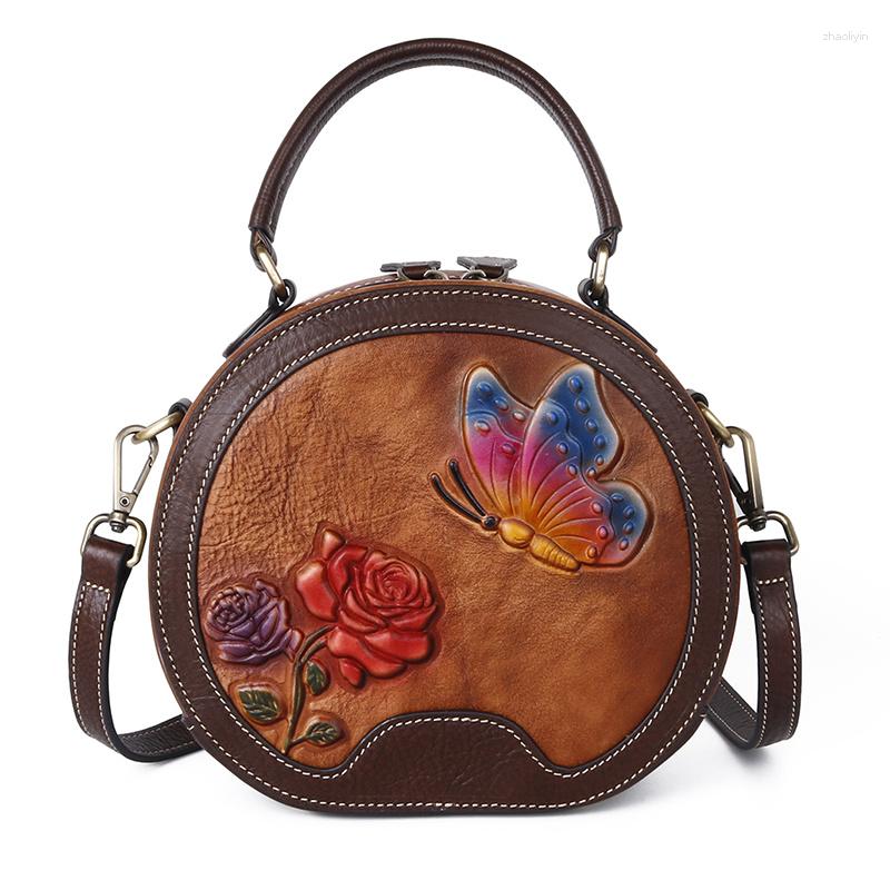 

Evening Bags Small Women Messenger Bag Handbag Shoulder Floral Embossed Female Vintage Designer Genuine Leather Circular Tote Crossbody, Black