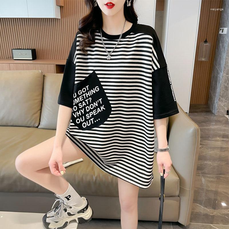 

Women' T Shirts Short Sleeve Fashion Striped Spliced Loose T-shirt Female 2023 Summer Women' Clothing Korean All-match Pockets Round, Black