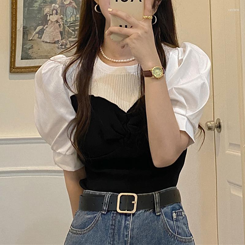 

Women's T Shirts 2023 Summer Knitted Shirt Women Puff Short Sleeve Patchwork Tops Tees Slim Korean Fake Two Piece T-shirt Femme, Blue