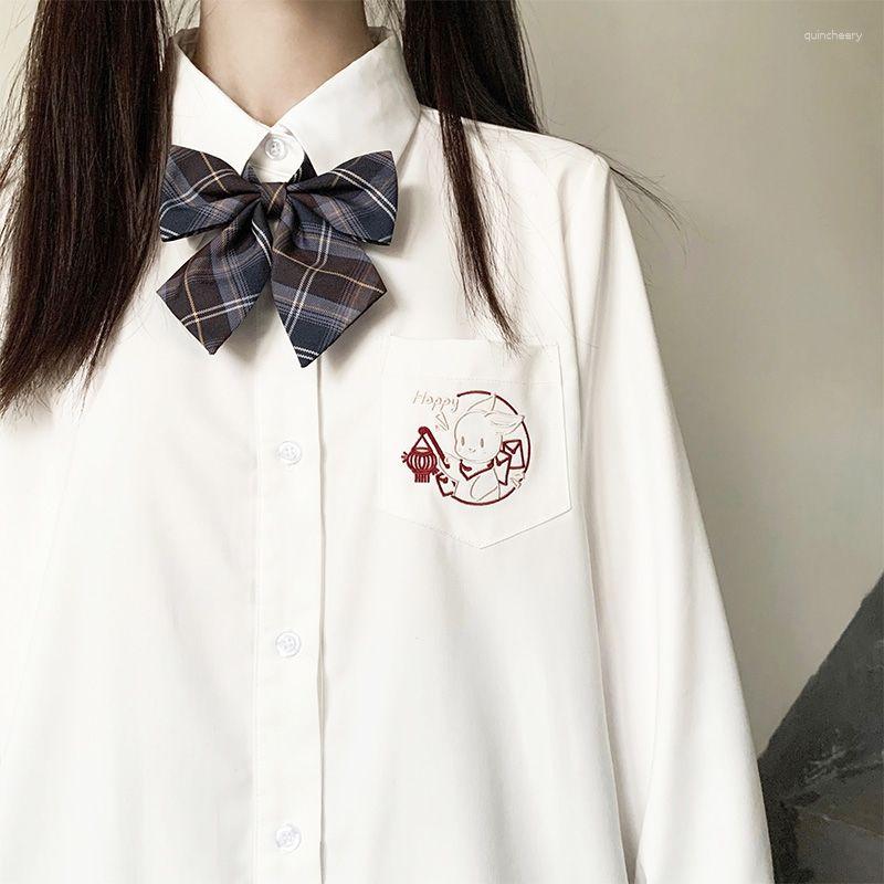 

Women' Blouses Women Shirt 2023 Spring White Printing Embroidery Lapel Long Sleeve With Tie Bow Korean JK Uniform Female, Thin