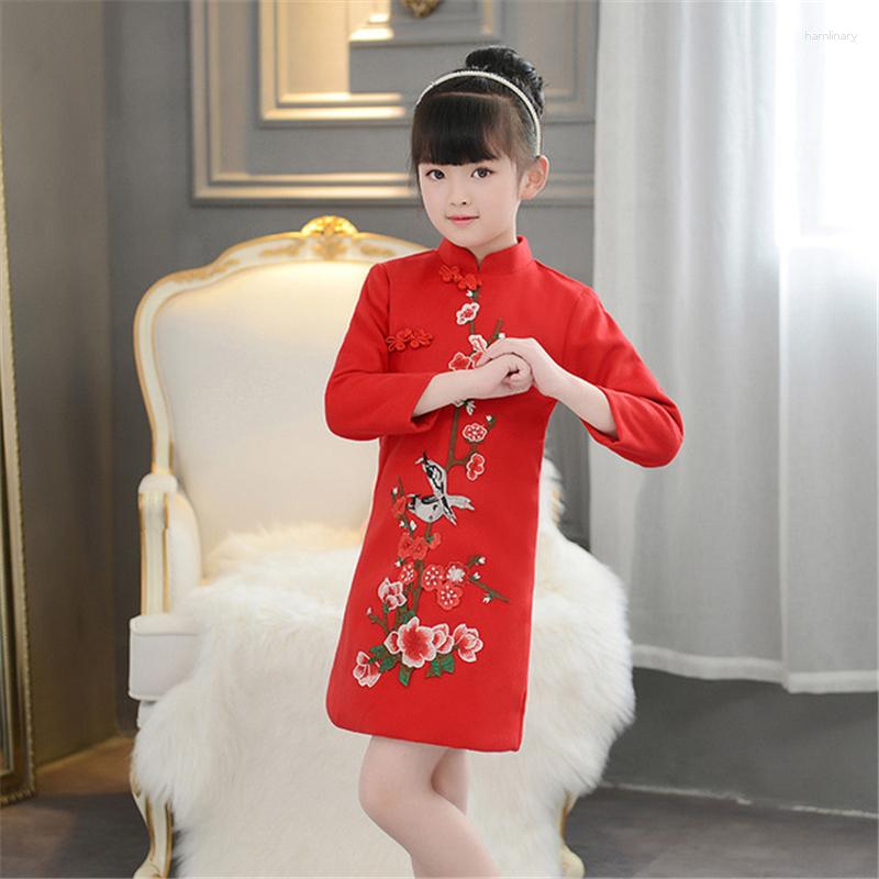 

Ethnic Clothing Children's Cheongsam Woolen Long-sleeved Tang Suit Autumn And Winter Three-dimensional Red Flower Dress