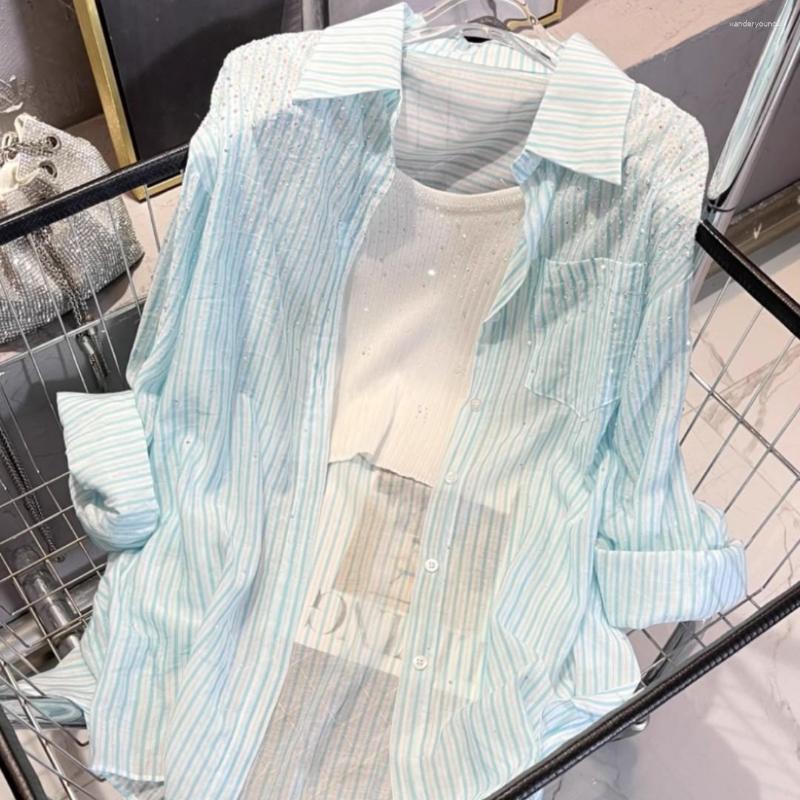 

Women's Blouses SuperAen 2023 Summer Striped Diamond Long Sleeve Shirt Blue Pink Thin Loose Casual Womens Tops