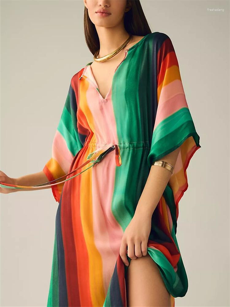 

Women's Swimwear Fashion Rainbow Colorful Cover-ups Beach Vintage Striped Half Sleeve Swimsuit Long Dress Cover Up Kaftan