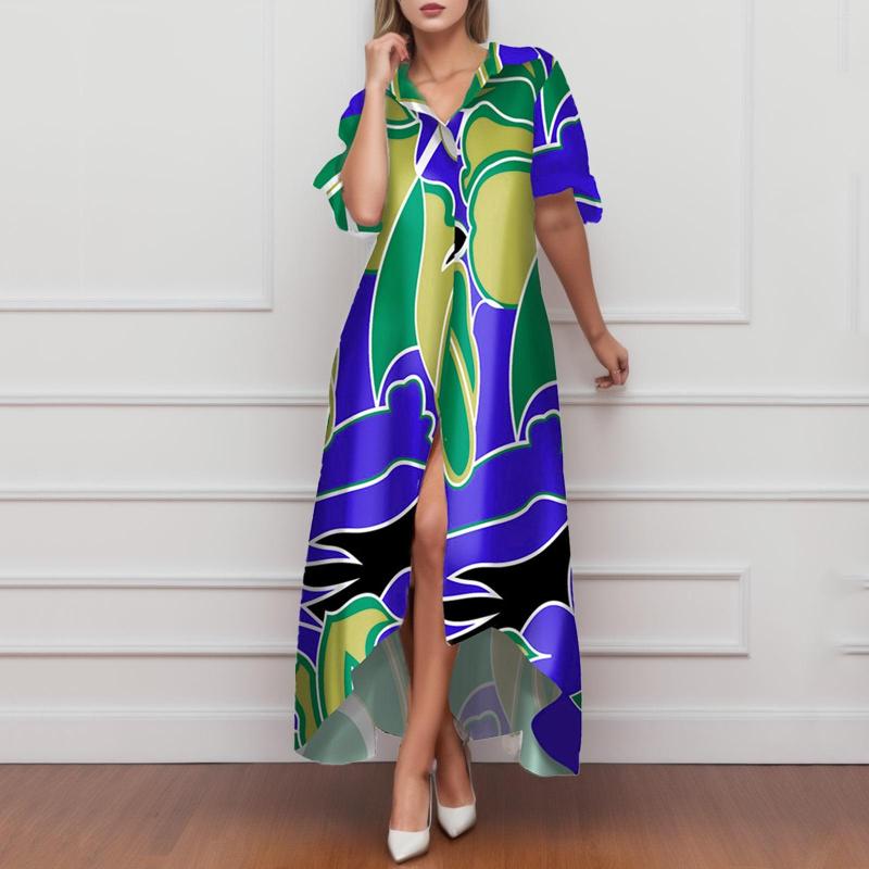 

Casual Dresses Women' Fashion Lapel Shirt Dress Button Mixed Colors Print Sexy Short Sleeve Long Plus Size Loose, Beige