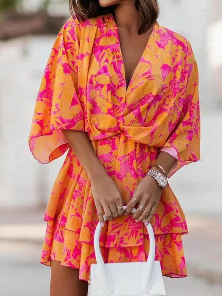 

Casual Dresses Boho Floral Print Mini Dress Women Summer Batwing Sleeve V Neck Chiffon Loose Holiday Beach Party Vestidos, 08