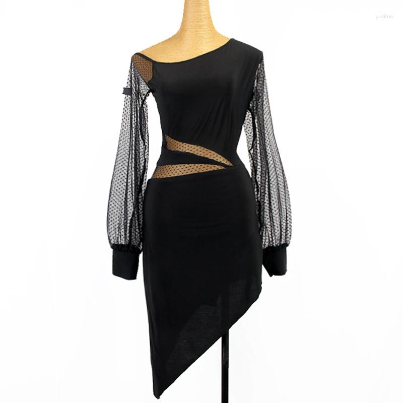 

Stage Wear Women Latin Dance Dress Mesh Long Sleeves Slant Shoulder Irregular Black Adult Rumba Samba Practice Clothes DNV15568