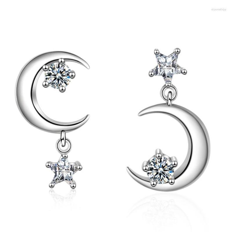 

Stud Earrings Silver Color Zircon Star Moon Asymmetric Tassel For Women Oorbellen Brincos