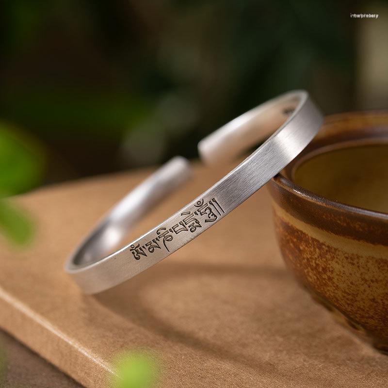 

Bangle Silver Bracelet Female Lotus Retro Opening Six Character Mantra Solid For Girlfriend Jewelry Women Man