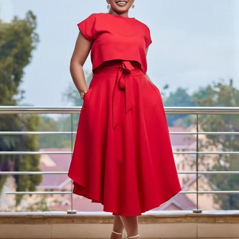 

Ethnic Clothing 2023 African Clothes For Women Summer Elegant O-neck Short Sleeve Polyester Red White Matching Sets