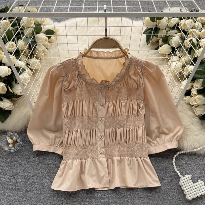 

Women's Blouses Retro Satin Shirt Summer Petal Collar Pleated Puff Sleeves Ruffle Design Short Top Women Blusa Feminina, Blue