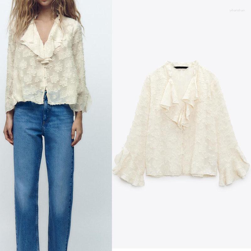 

Women' Blouses Spring Long-sleeved Ruffled V-neck Micro-permeable Shirt European Style Feather Decoration Fashion Casual Top, Apricot color
