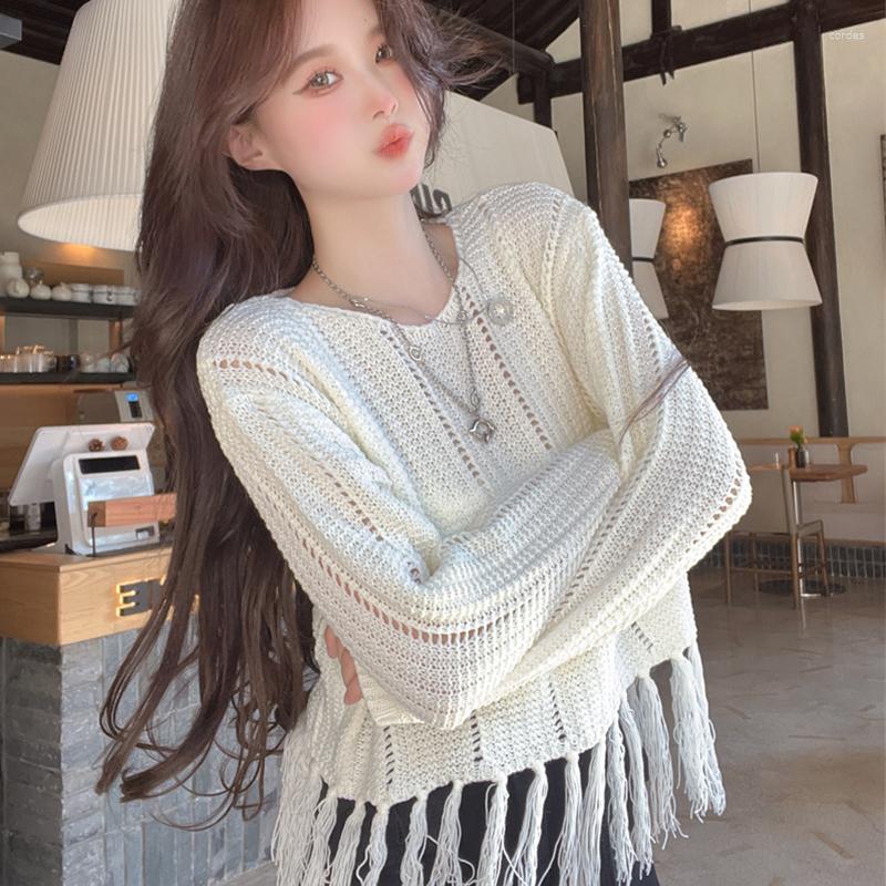 

Women's Sweaters Lady Tassel Loose Short Length Black White Female Solid Color O Neck Long Sleeve Sweater 2023 Autumn Pullover Jumpers