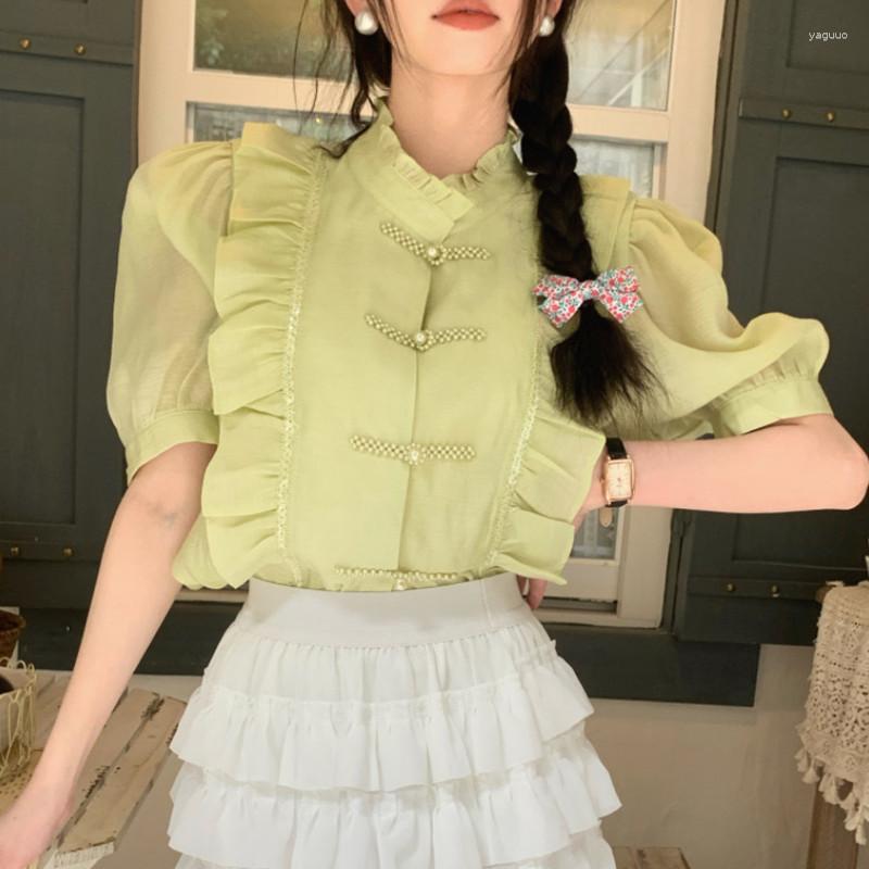 

Women's Blouses H.sa Vintage Cascading Ruffles Women Single Breasted Half Sleeve Shirts Korean Chic Sweet Solid Fairy Blusa Mujer, Gzrh8187 green
