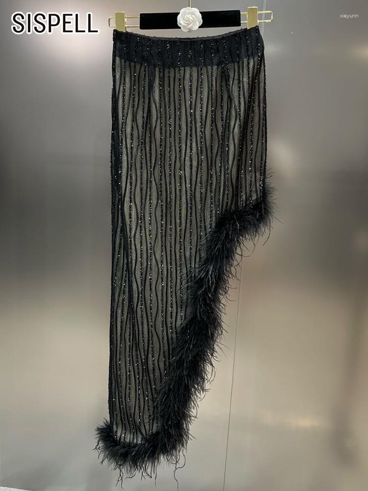 

Skirts SISPELL Patchwork Feathers Long Skirt For Women High Waist Temperament Asymmetrical Bodycon Female Clothing Fashion Style, Black