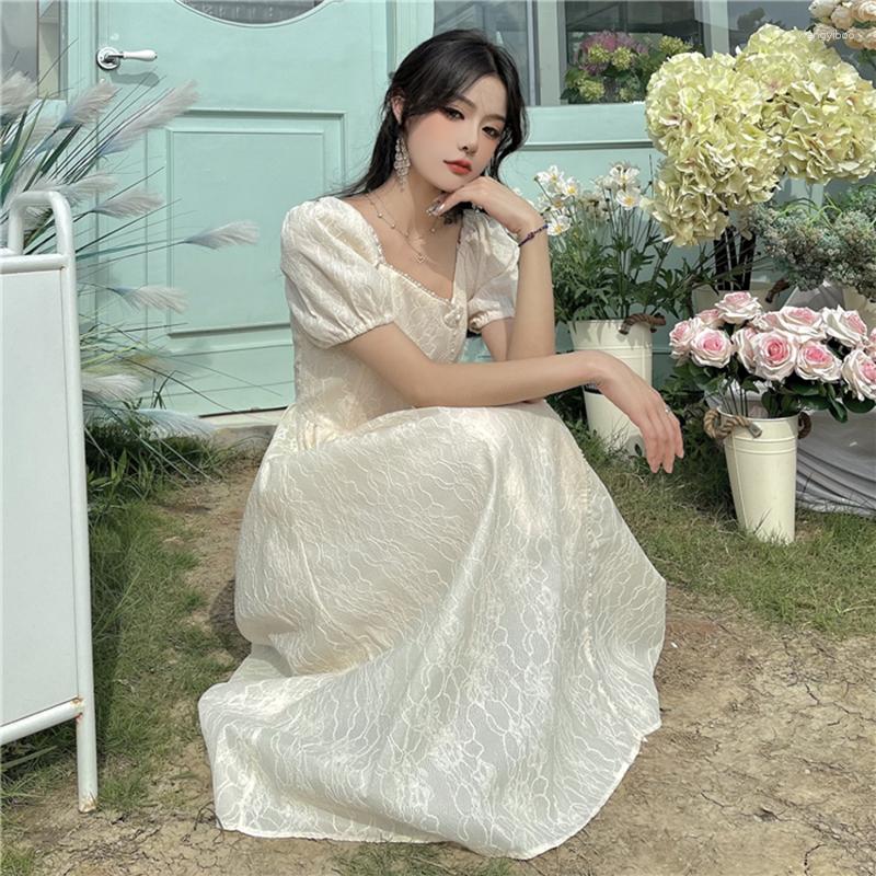 

Casual Dresses French Style Jacquard Beading Vintage Chic Women Dress -4XL 2023 Summer Square Collar Long Party Gowns, As the photo