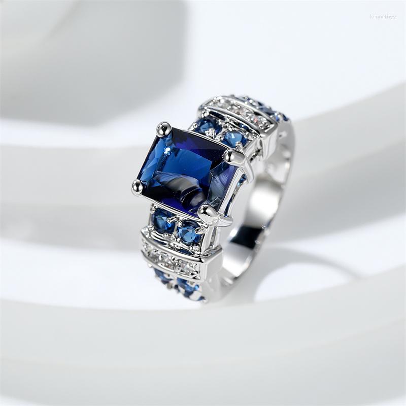 

Wedding Rings Charm Royal Blue Zircon Stone Rectangle For Women Silver Color Square Bands Boho Party Ring Mother Day Jewelry CZ