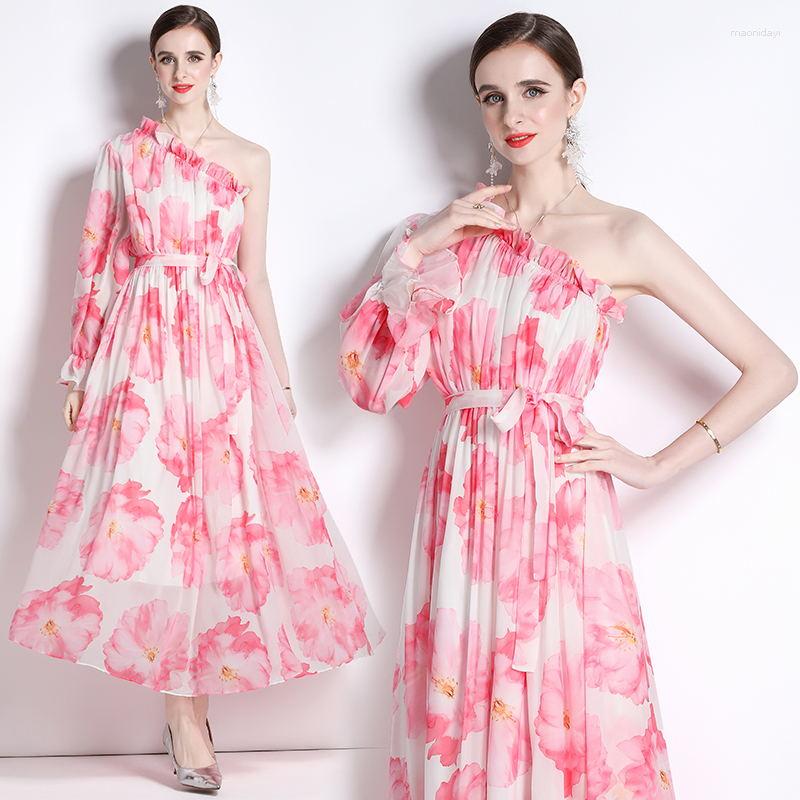 

Casual Dresses Sweet Pink Color Big Flower Printed Beach Vacation Summer Women Loose Softerable Chiffon Swing Ankle Length Vestidos