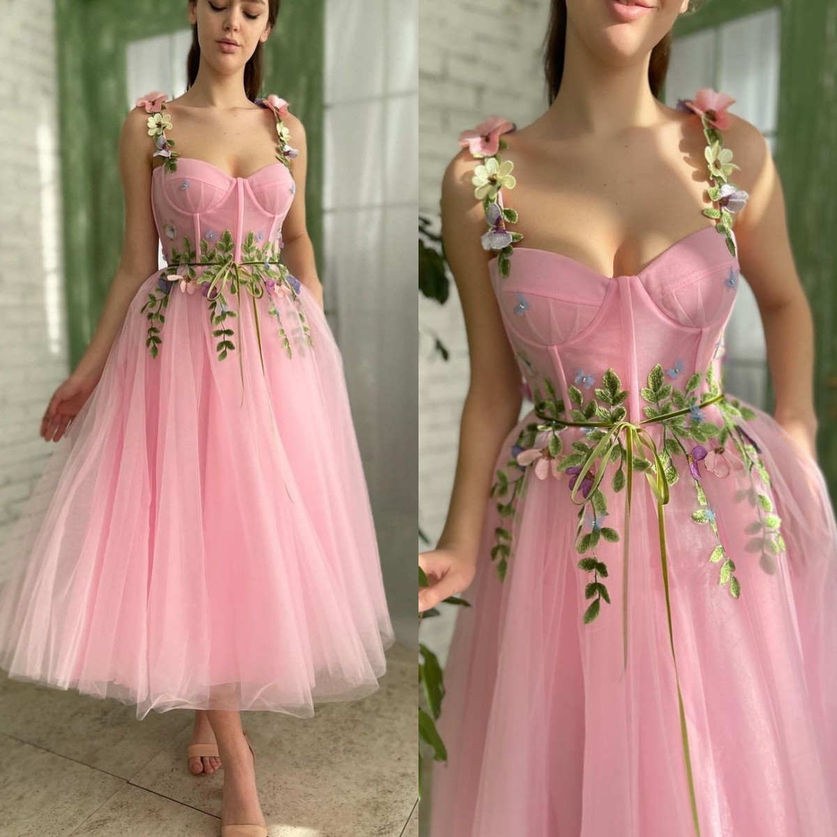 

Fashion Pink Homecoming Dresses Spaghetti Flower Leaf Appliques Spring Prom Party Gown Ankle Length Homecoming Dress A Line, Same as picture