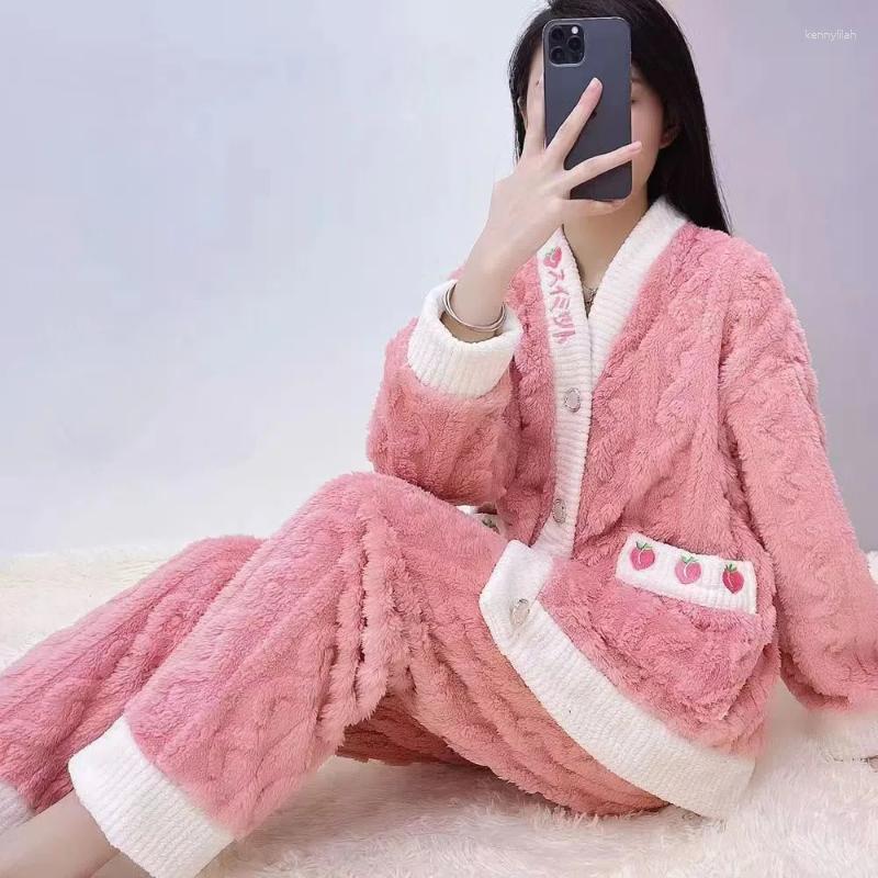 

Women's Sleepwear Autumn Winter Pajamas Set Women Loungewear Fleece Long Sleeve Flannel Pyjamas Homewear Ladies Warm Nightwear, Color 5