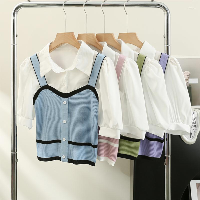 

Women's Blouses Women's Blouse Fake Two-piece Knitted Vest Patchwork Bubble Sleeve Shirts Summer Design Sense Niche Age Reducing Top, Green