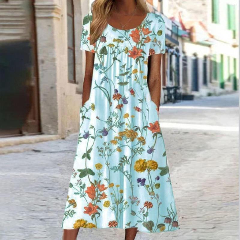 

Casual Dresses Women Floral Printed Maxi Spring Summer O Neck Short Sleeve A Line Boho Beach Party Long Dress Vestidos 2023, Bu2