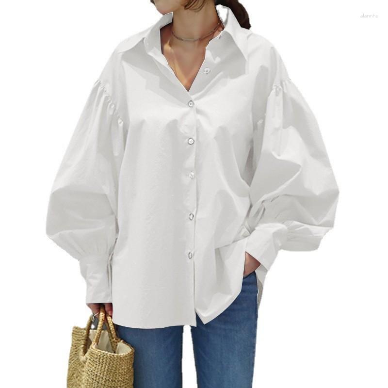 

Women' Blouses Casual Lantern Sleeve Lapel Shirt 2023 Women Tops Retro Solid Color Fashion Commuting All-match White Blouse Femmes, Black
