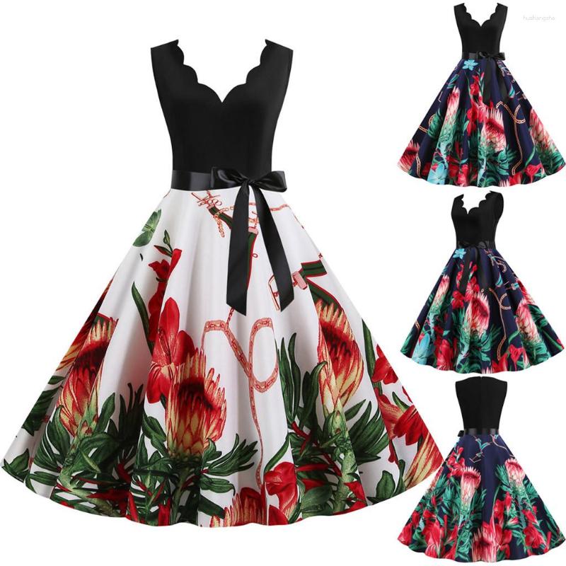 

Casual Dresses Women Christmas Dress Long Sleeve Vintage Elegant V Neck Print Big Swing Party Xmas Year Winter Clothes S-3XL Robe, Blue